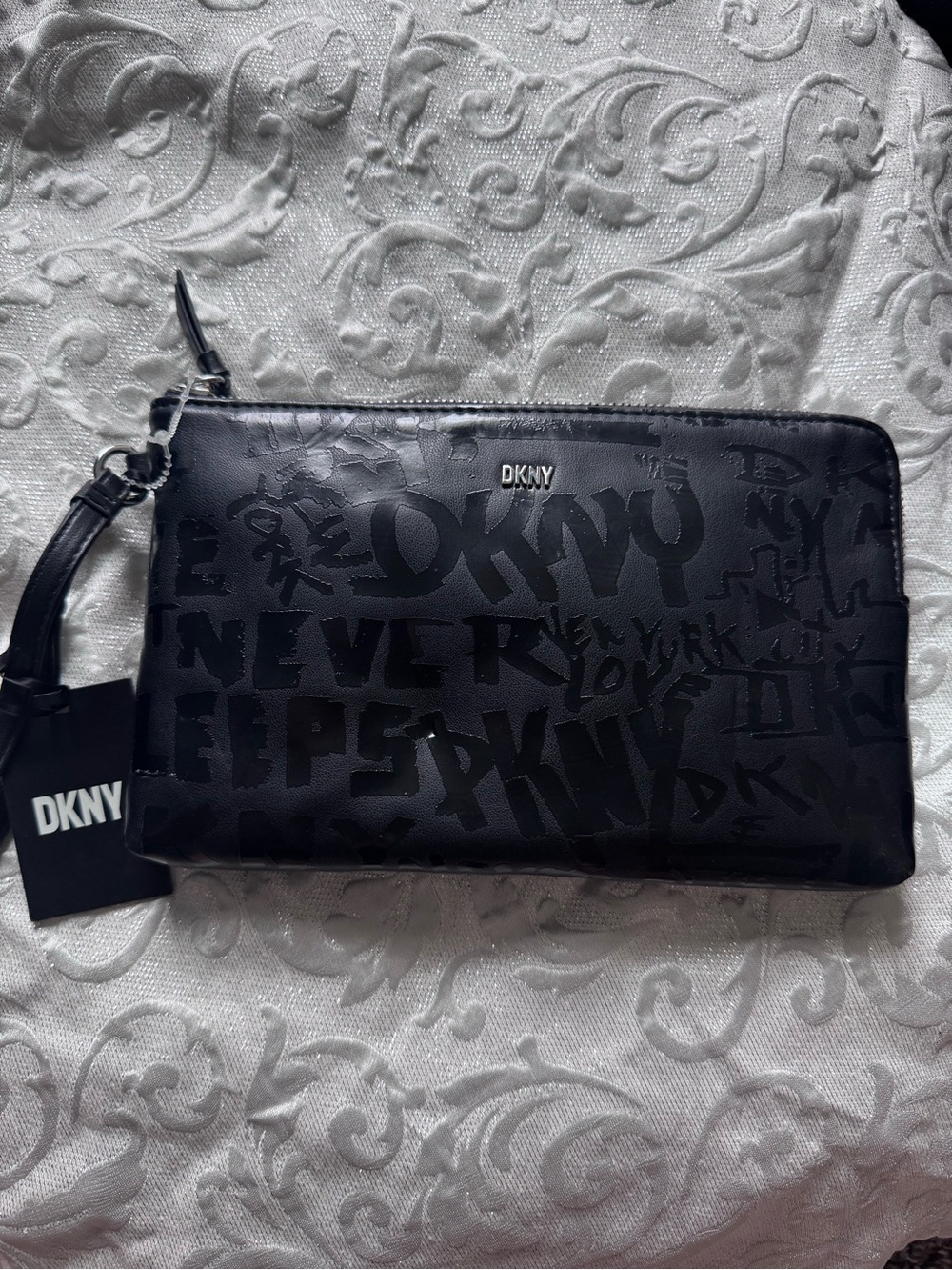 DKNY Vela Wristlet Pouch One Size Black Graffiti Logo Clutch